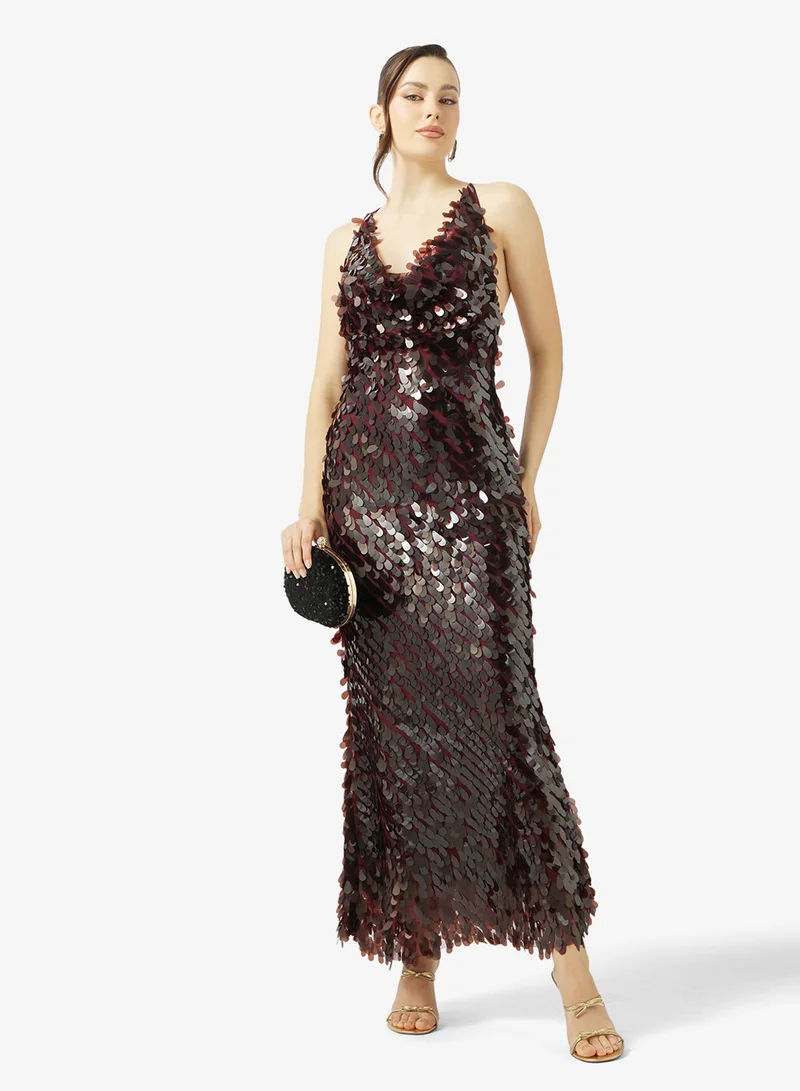 Ginger  Plunge Neck Sequin Embellished Evening Dress for Women | Best Price UAE